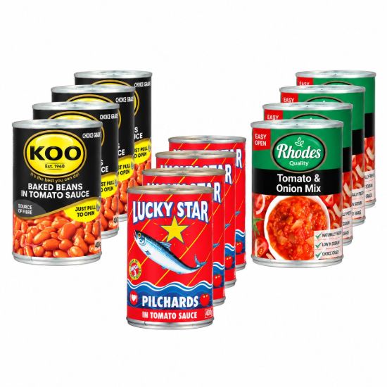 The Tin Food Combo (4x 400g Koo Bake Beans,4x 400gLucky Star Pilchards,4x410g Rhodes Tomato and Onion mix)